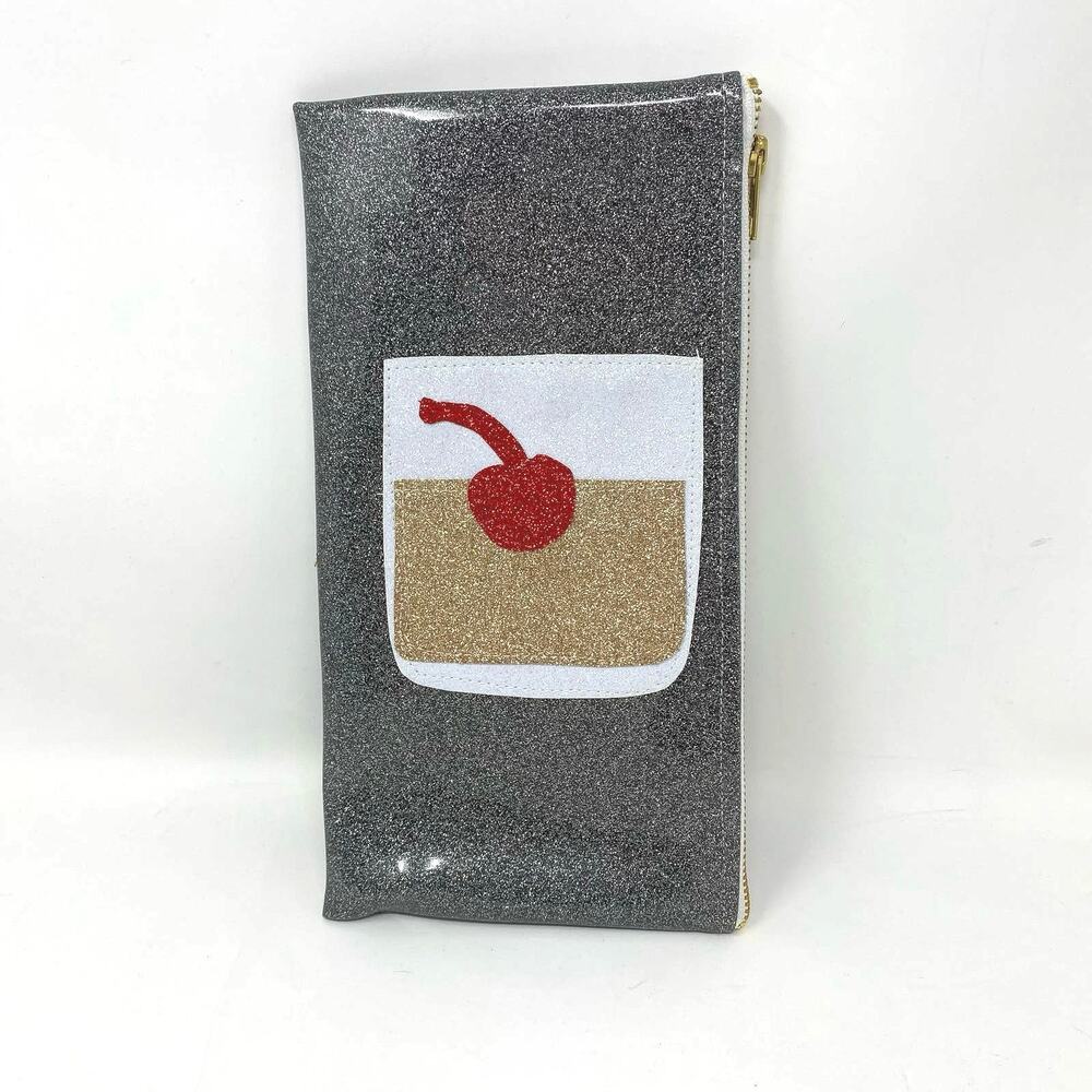 Julie Mollo silver gold glitter whiskey cocktail vinyl clutch